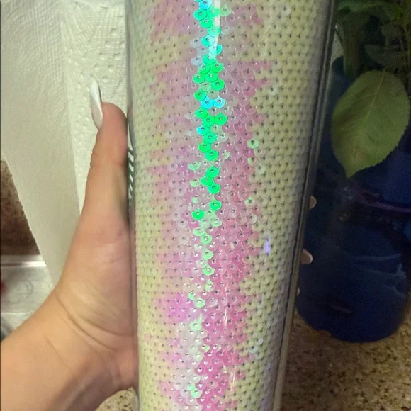Starbucks | Sequin White Tumbler with Pink Straw and Green Logo - Picture 7 of 16